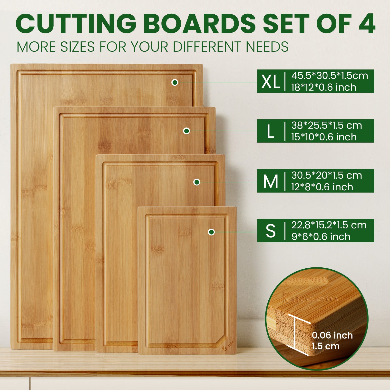 Bamboo Cutting Board Set: 4-Piece XL with Juice Groove