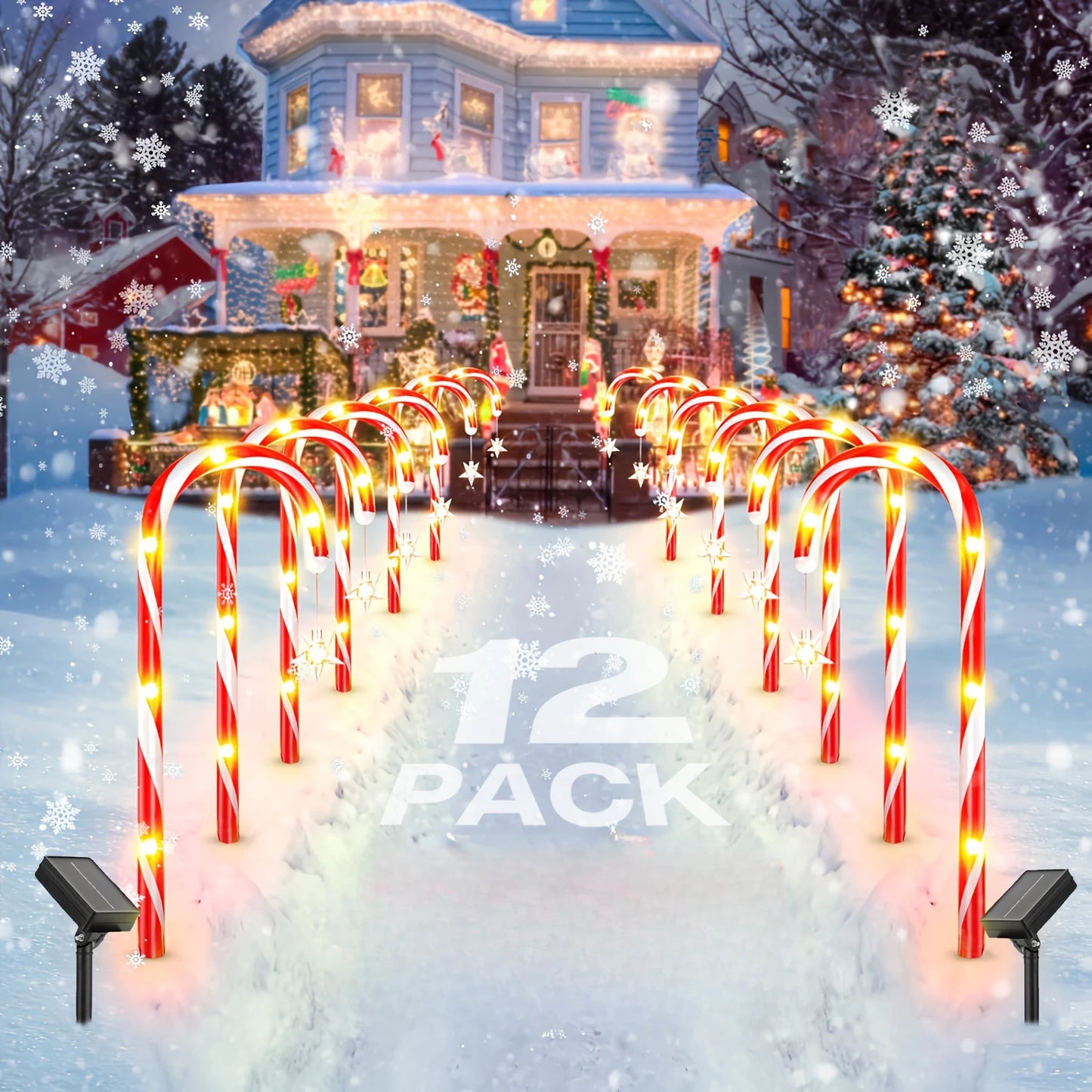 144 LED Solar Candy Cane Pathway Lights - 12/24 Pack, 8 Modes