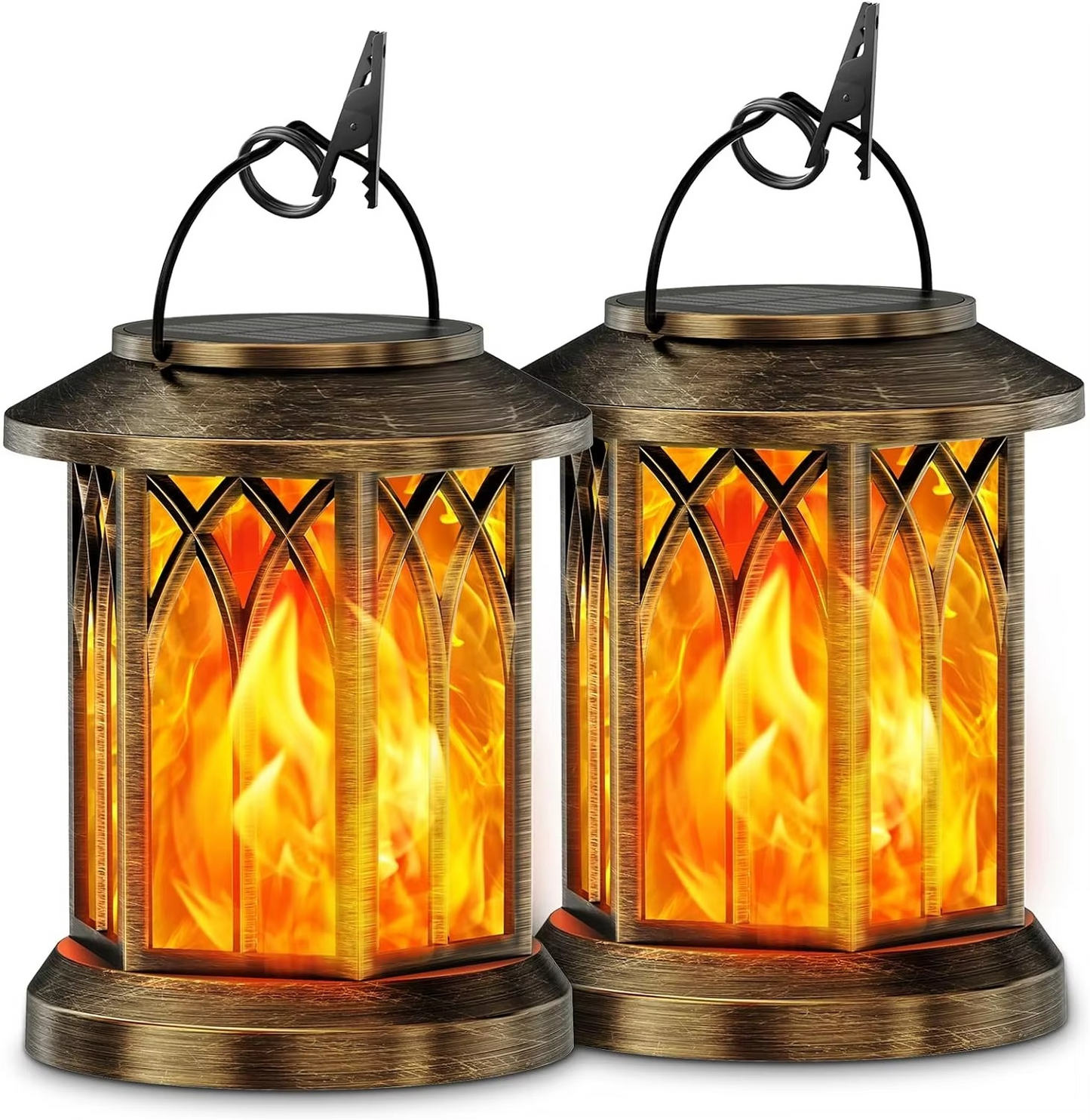 Solar Hanging Lanterns - 2 Pack Flickering Flame Outdoor Lights