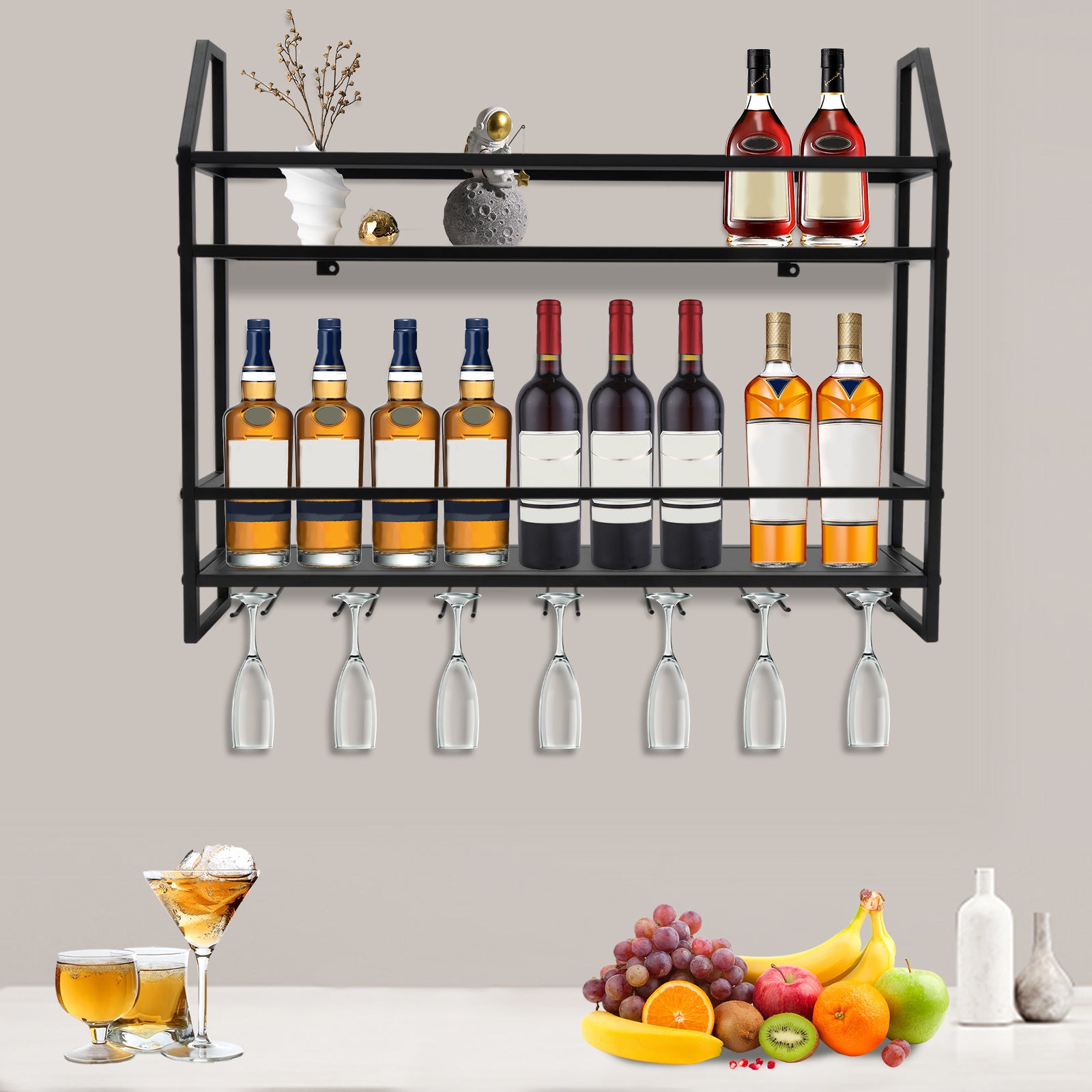 Wall Mounted Wine Rack - 12 Bottles, 7 Glasses, Black Steel