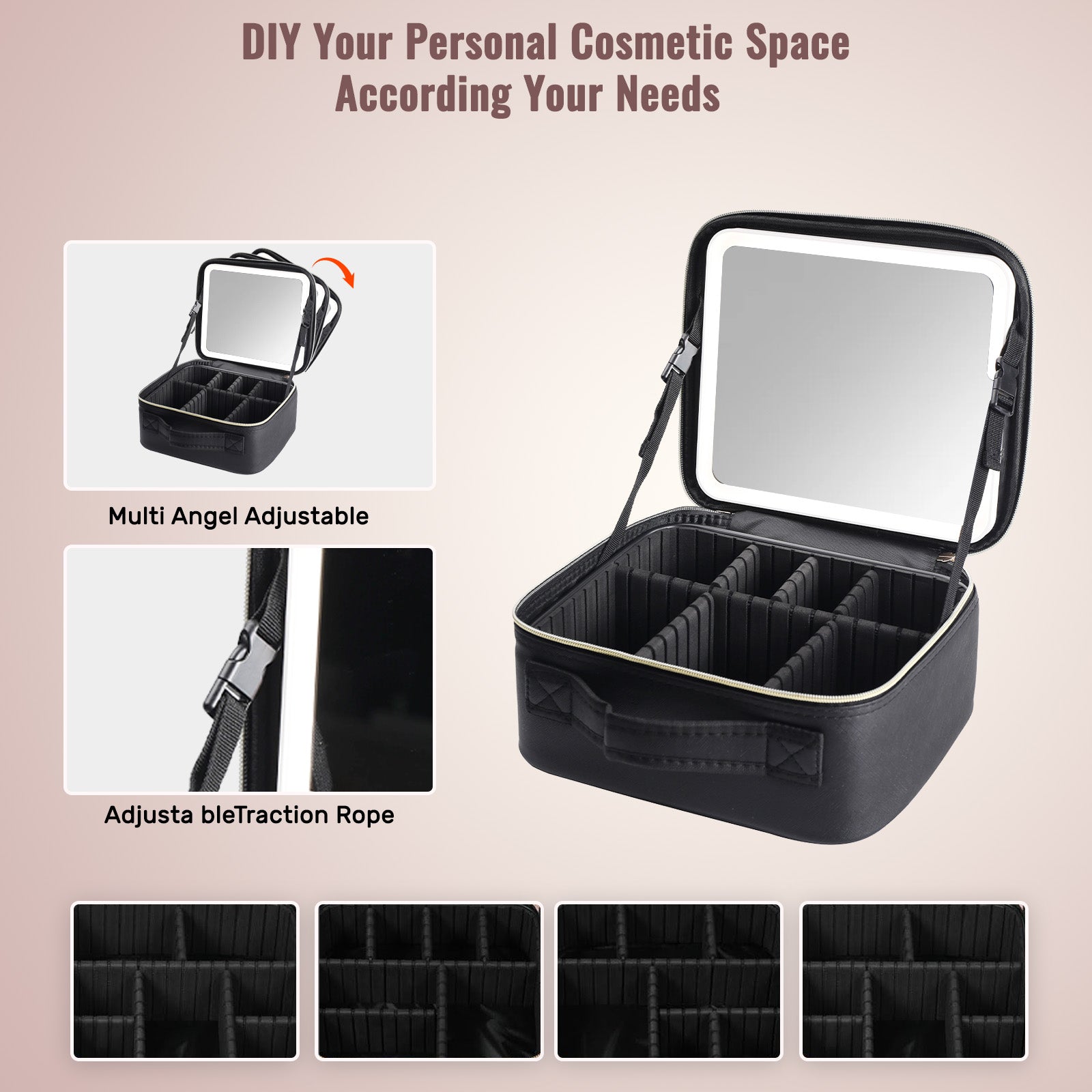 Travel Makeup Bag with LED Mirror & Dividers - PU Leather