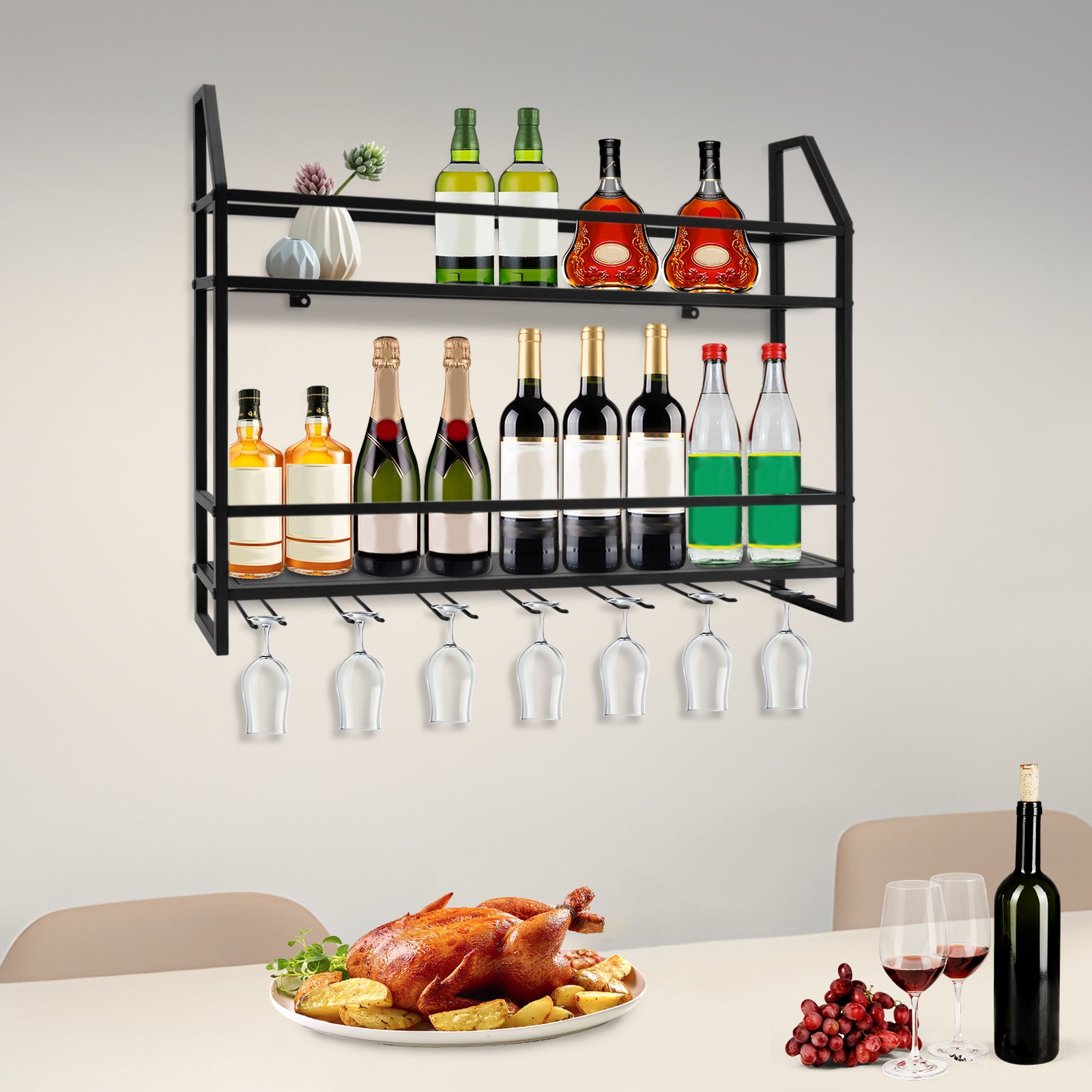 Wall Mounted Wine Rack - 12 Bottles, 7 Glasses, Black Steel
