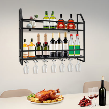 Wall Mounted Wine Rack - 12 Bottles, 7 Glasses, Black Steel