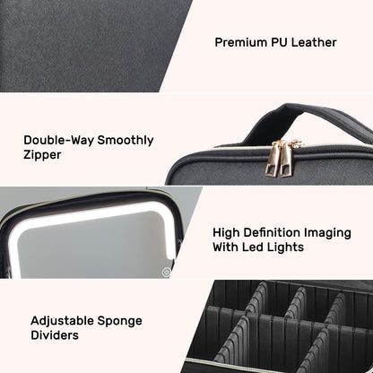 Travel Makeup Bag with LED Mirror & Dividers - PU Leather