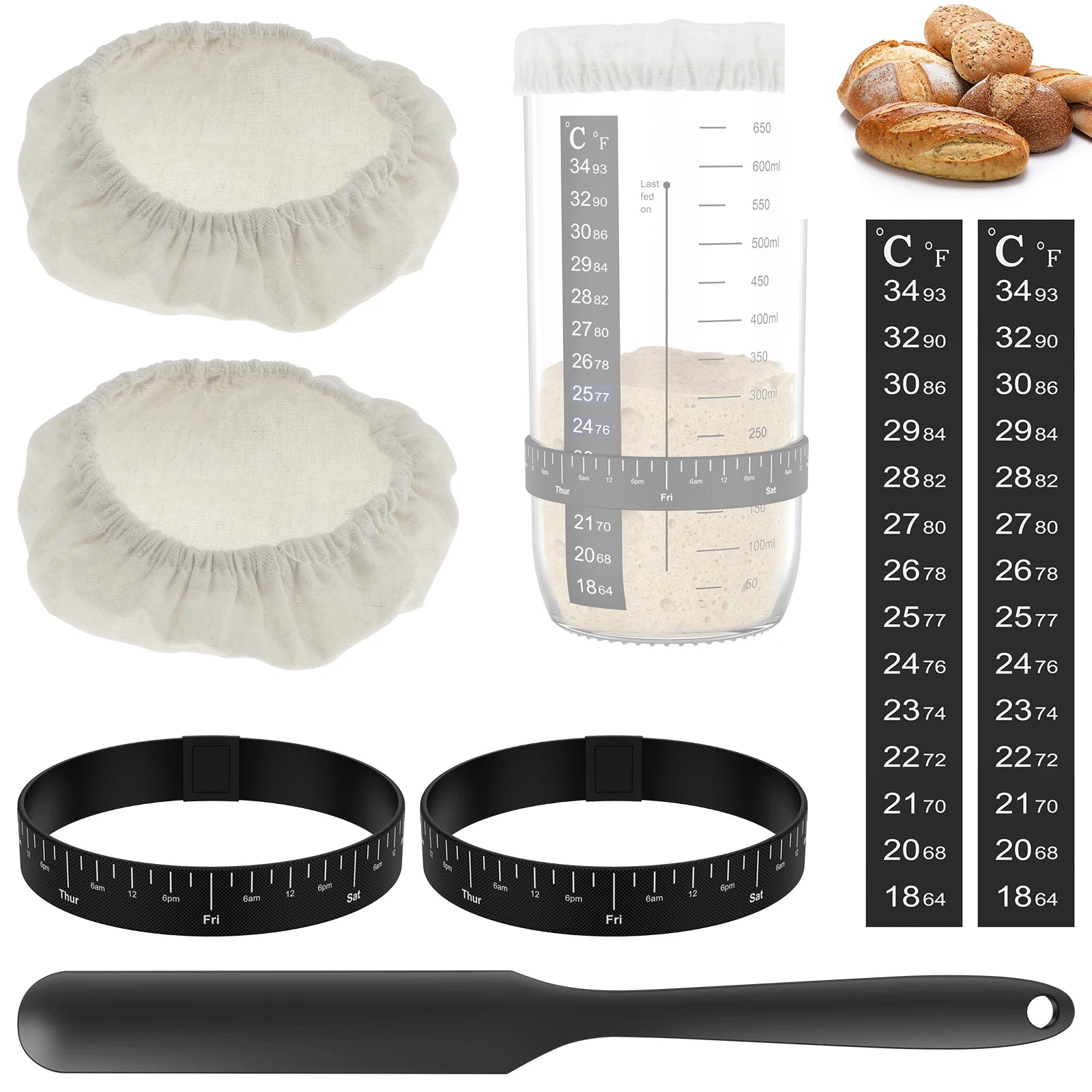 Sourdough Starter Kit 7 Pcs - Cloth Covers & Feeding Bands