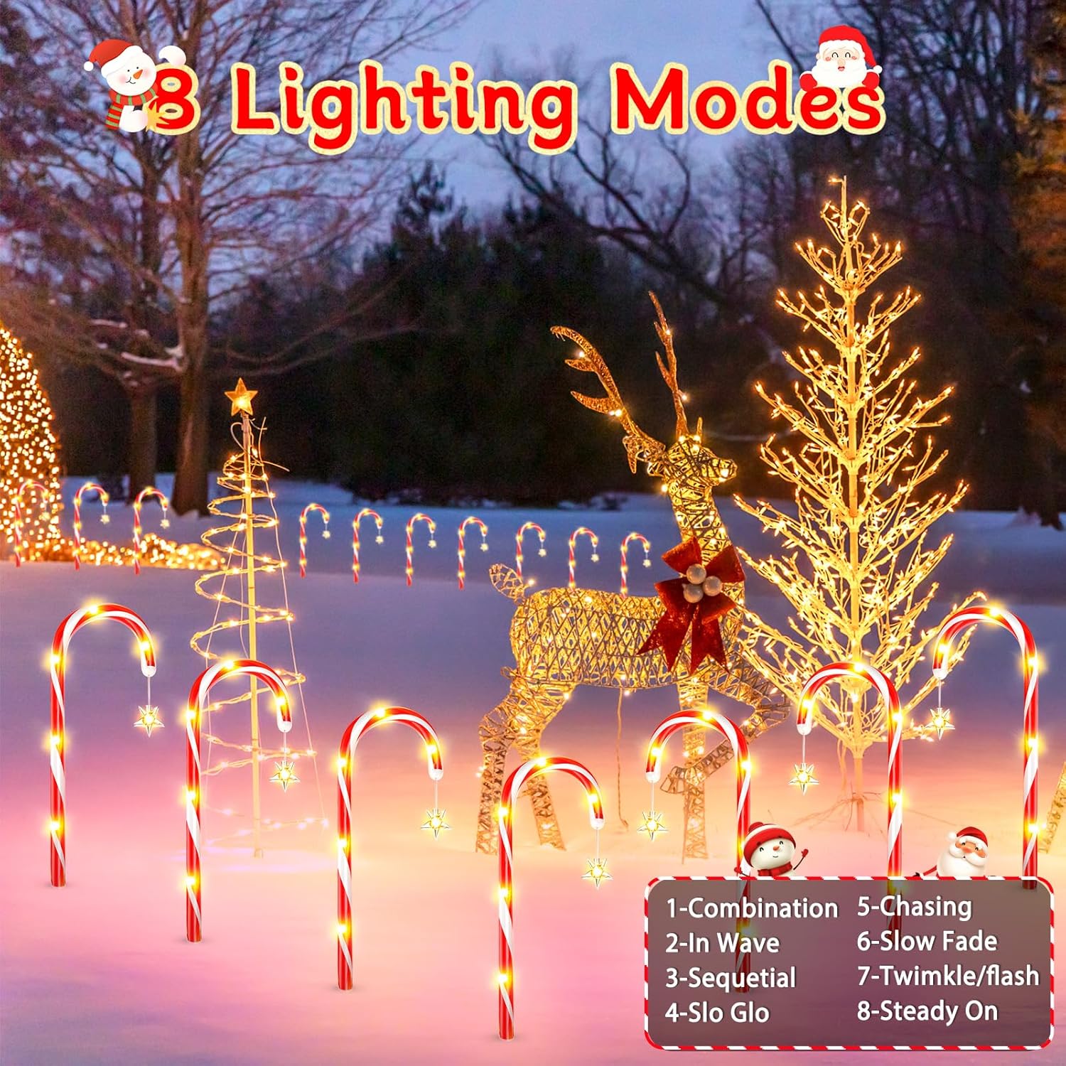 144 LED Solar Candy Cane Pathway Lights - 12/24 Pack, 8 Modes