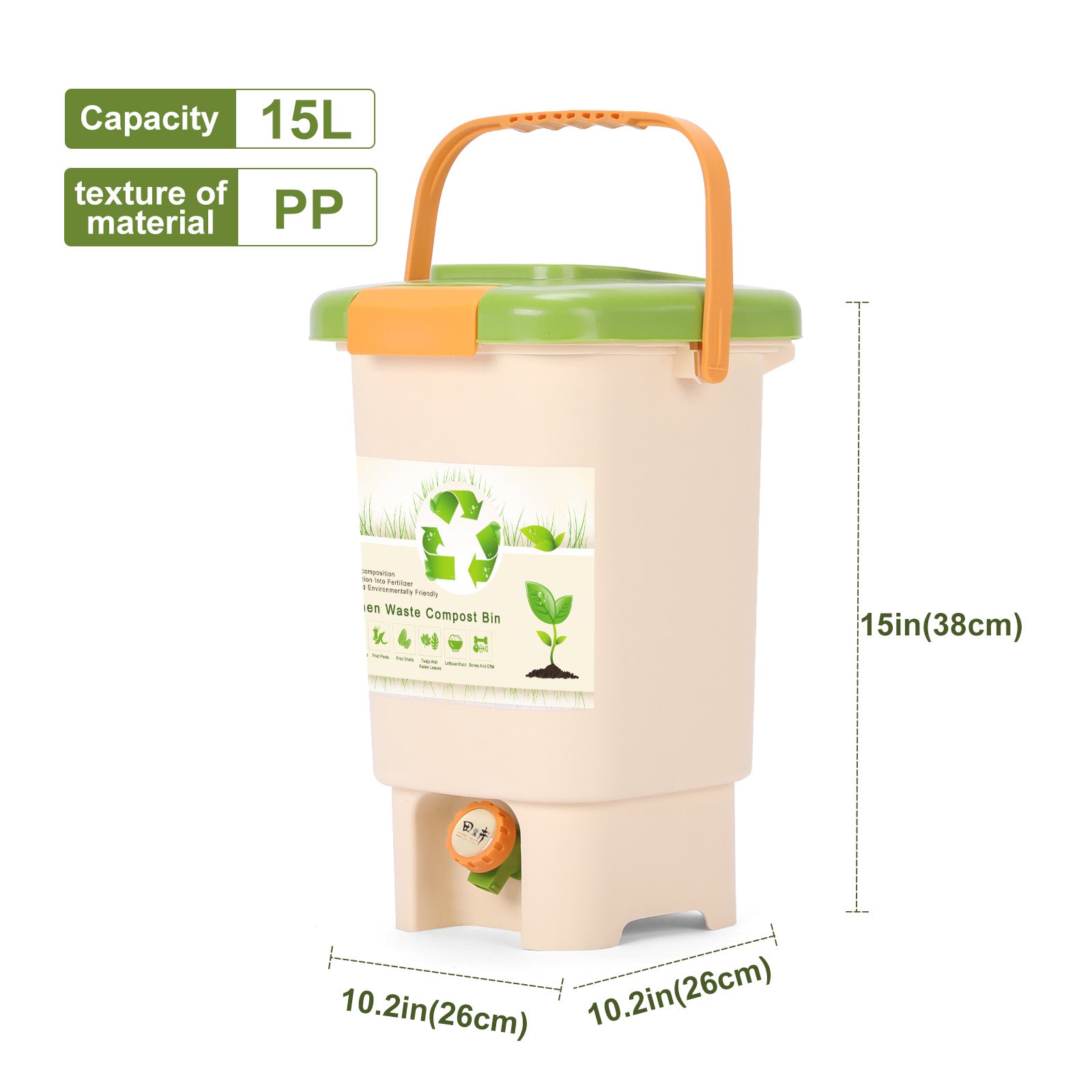 15L Kitchen Compost Bin - Durable PP, Odor-Free Design