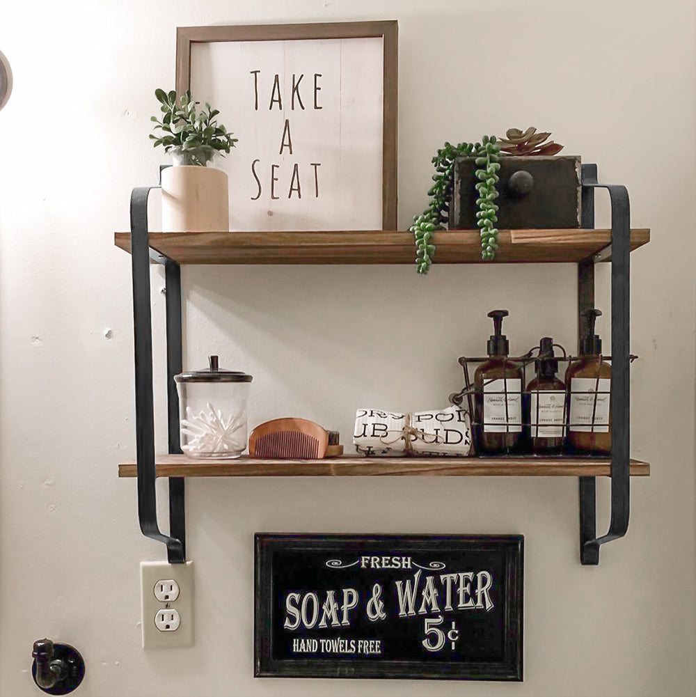 2-Tier Rustic Wall Shelves - Pine Wood Display Storage
