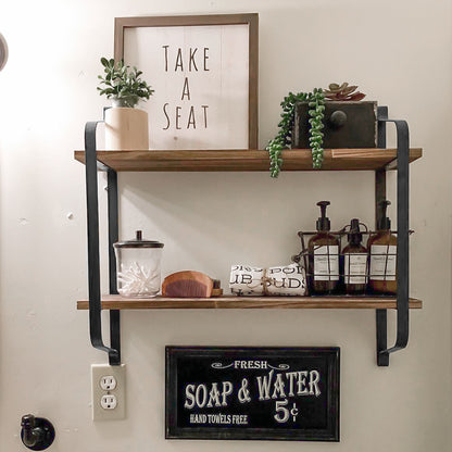 2-Tier Rustic Wall Shelves - Pine Wood Display Storage