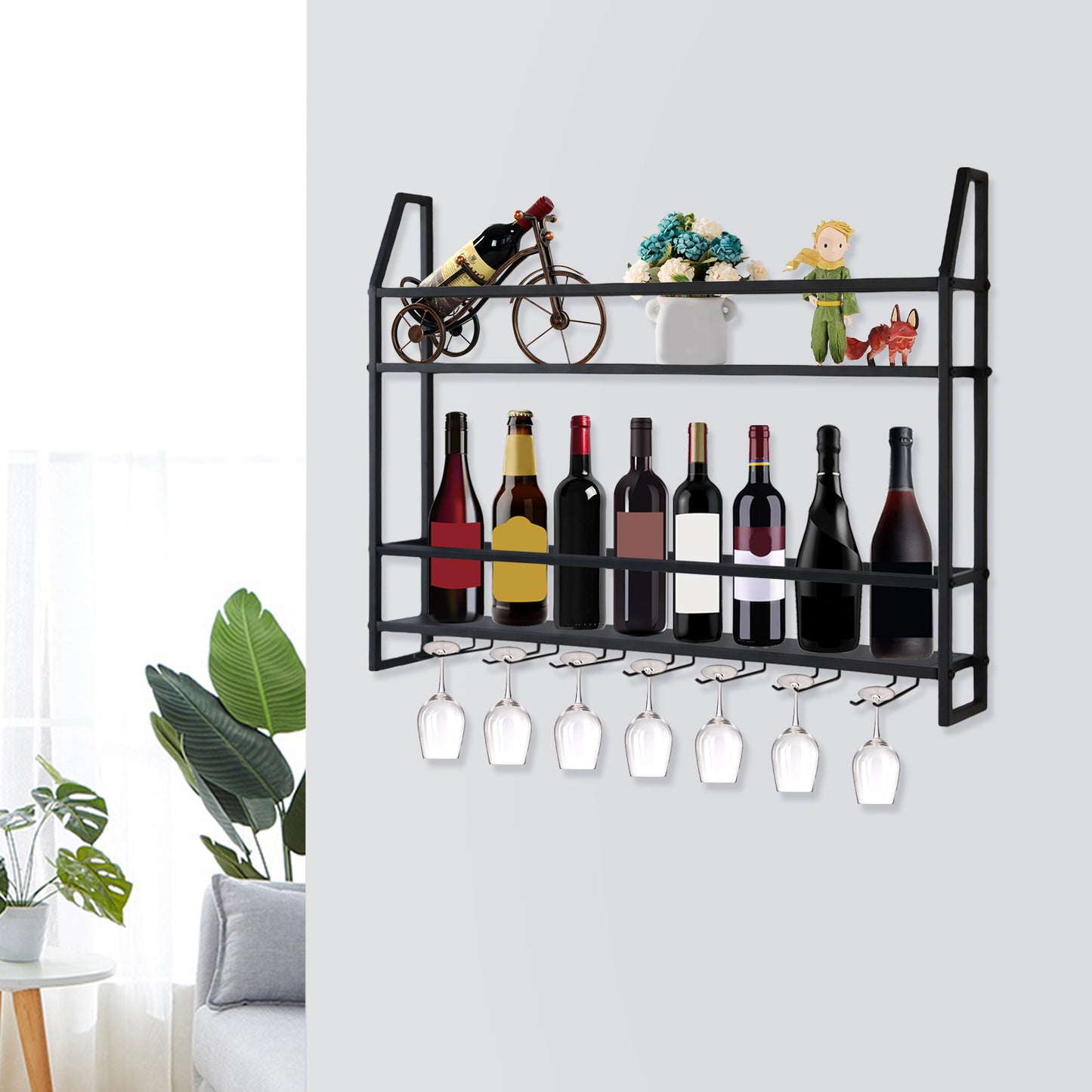 Wall Mounted Wine Rack - 12 Bottles, 7 Glasses, Black Steel