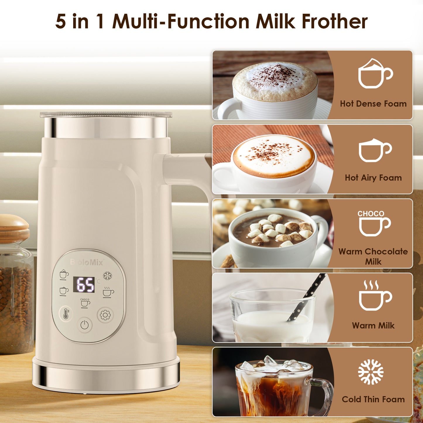 BioloMix 5-in-1 Milk Frother: LED Touch, Hot & Cold Foam Maker