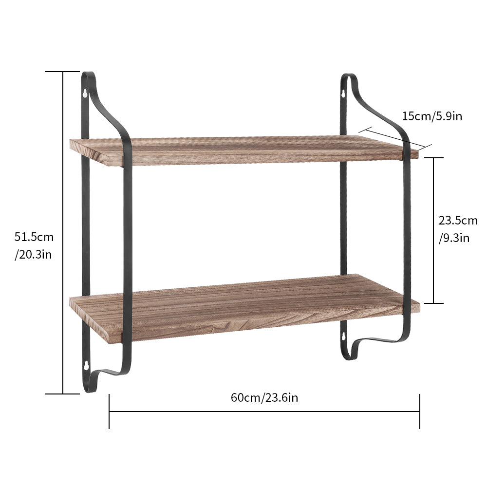 2-Tier Rustic Wall Shelves - Pine Wood Display Storage