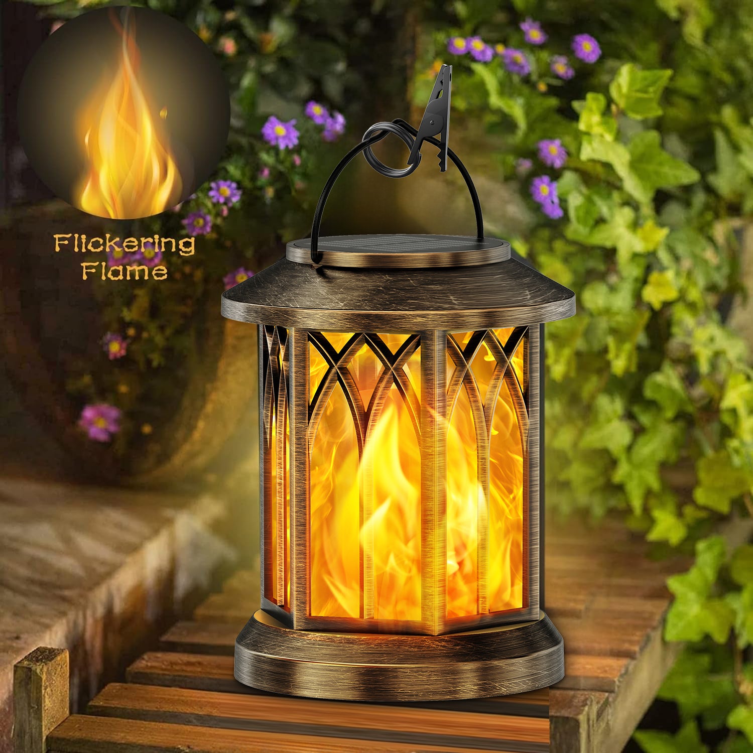 Solar Hanging Lanterns - 2 Pack Flickering Flame Outdoor Lights