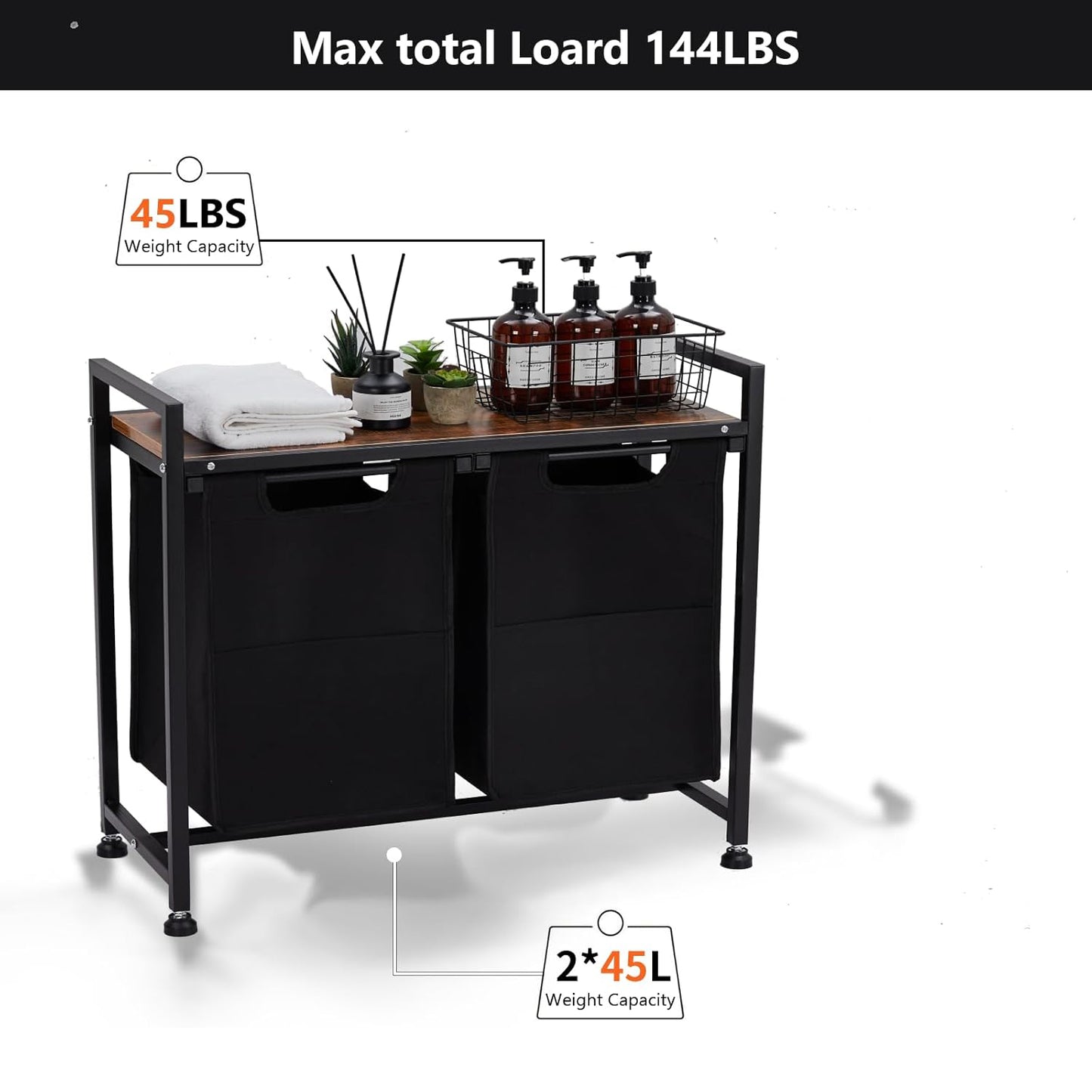 Laundry Hamper 2-Section Organizer with Removable Bag & Shelf