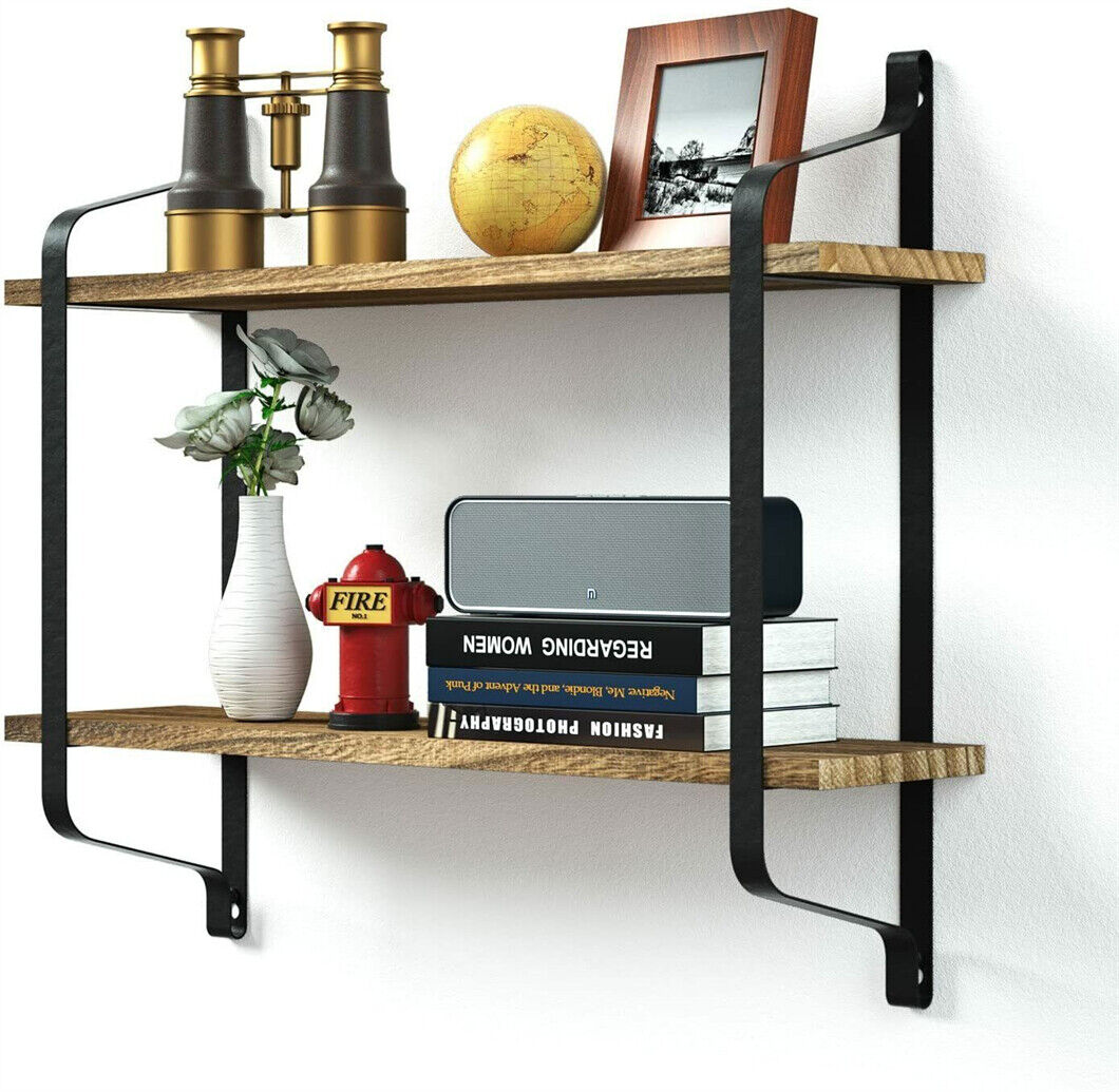 2-Tier Rustic Wall Shelves - Pine Wood Display Storage