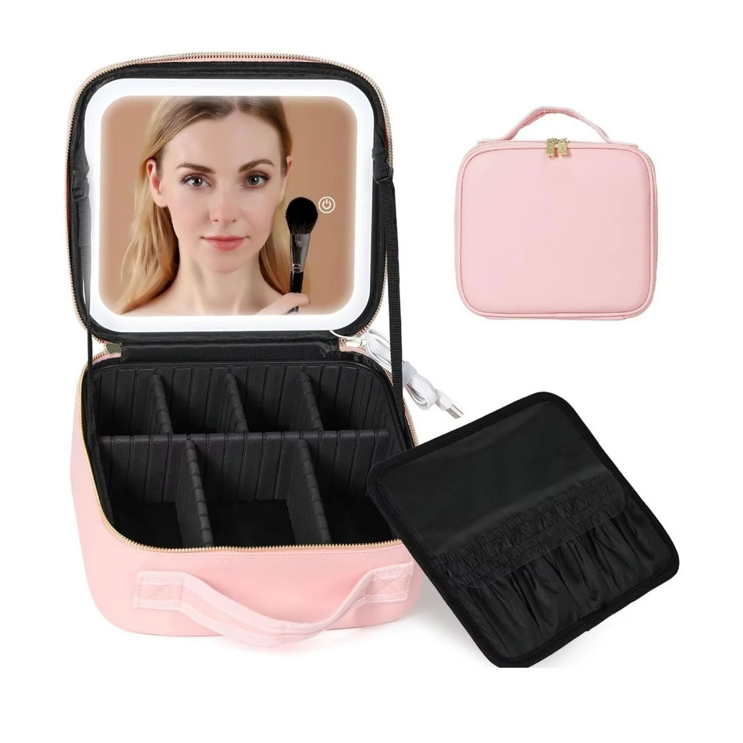 Travel Makeup Bag with LED Mirror & Dividers - PU Leather