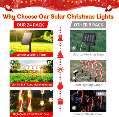 144 LED Solar Candy Cane Pathway Lights - 12/24 Pack, 8 Modes