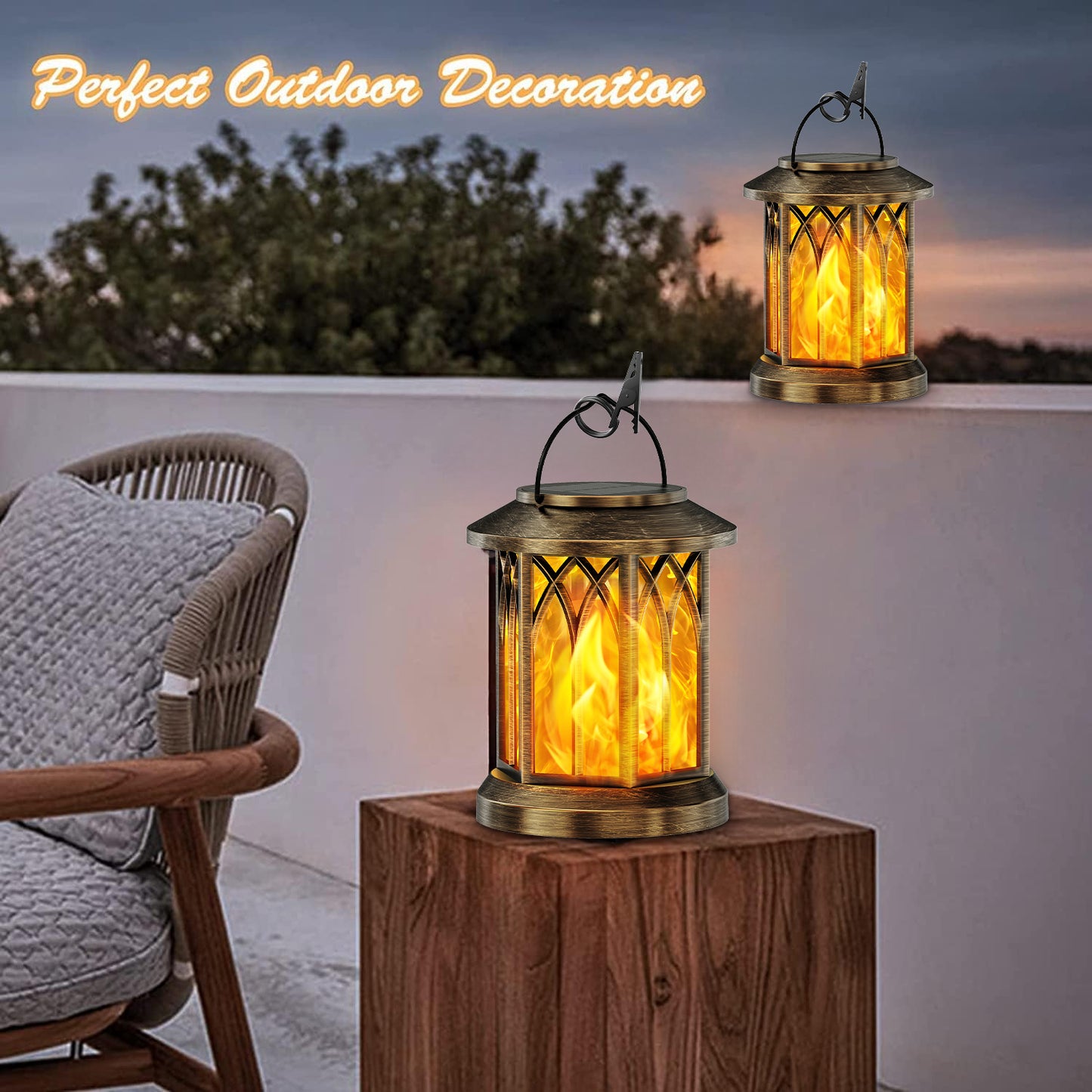 Solar Hanging Lanterns - 2 Pack Flickering Flame Outdoor Lights