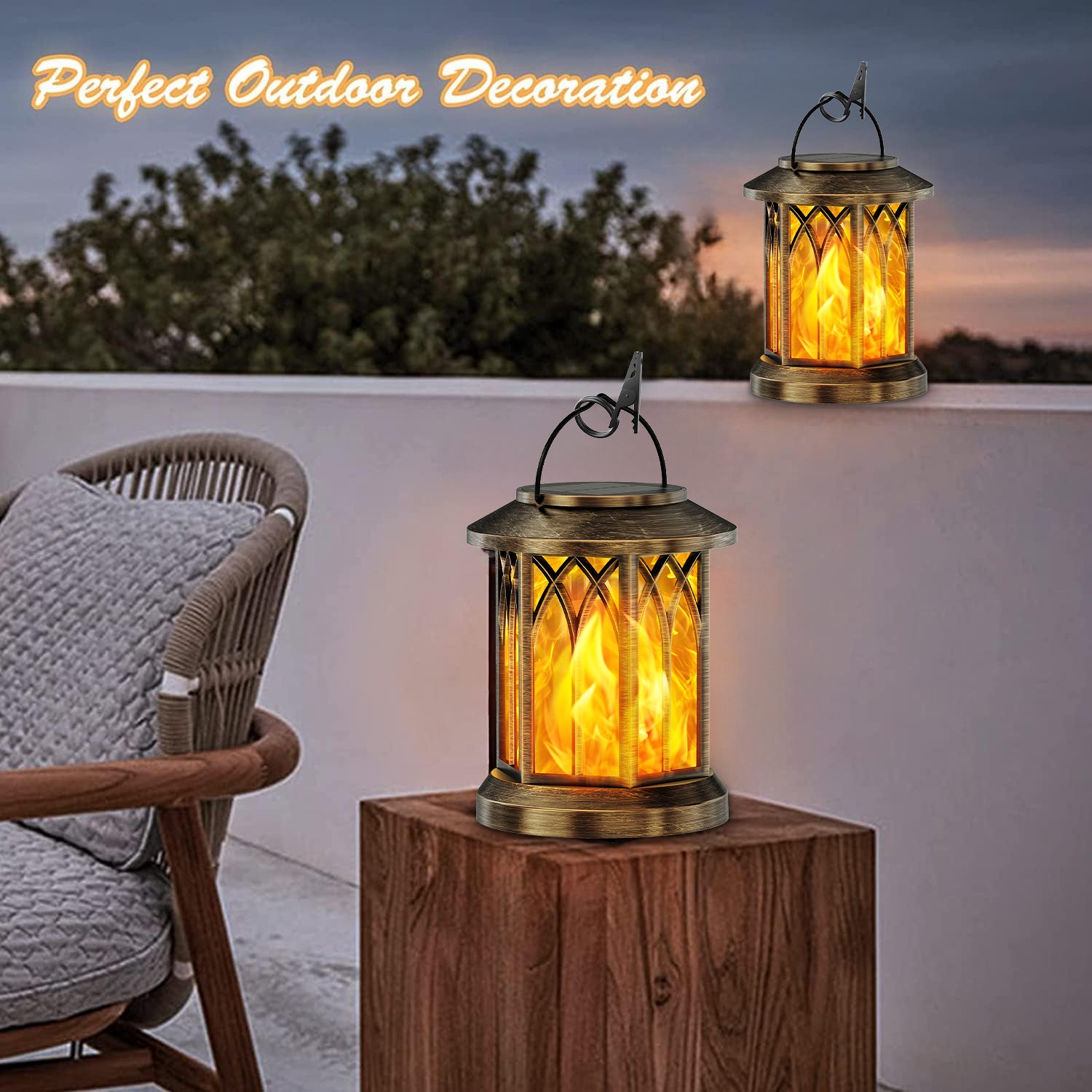 Solar Hanging Lanterns - 2 Pack Flickering Flame Outdoor Lights