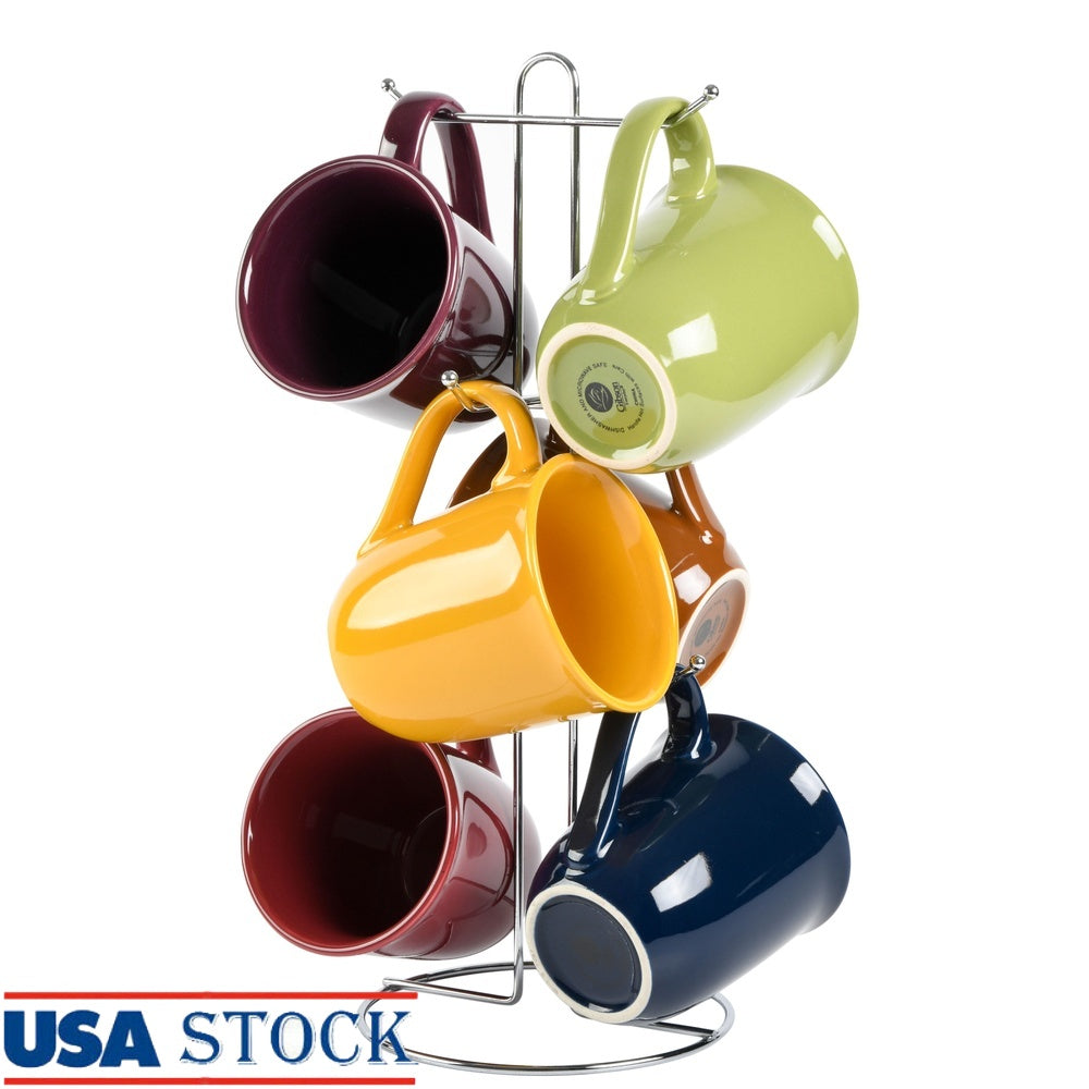 Ceramic Mug Set of 6 with Rack - Dishwasher & Microwave Safe