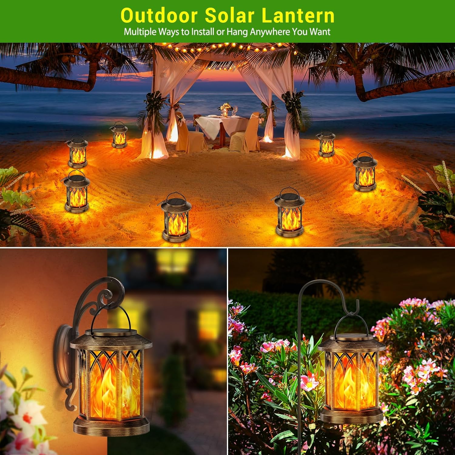 Solar Hanging Lanterns - 2 Pack Flickering Flame Outdoor Lights