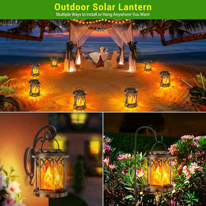 Solar Hanging Lanterns - 2 Pack Flickering Flame Outdoor Lights