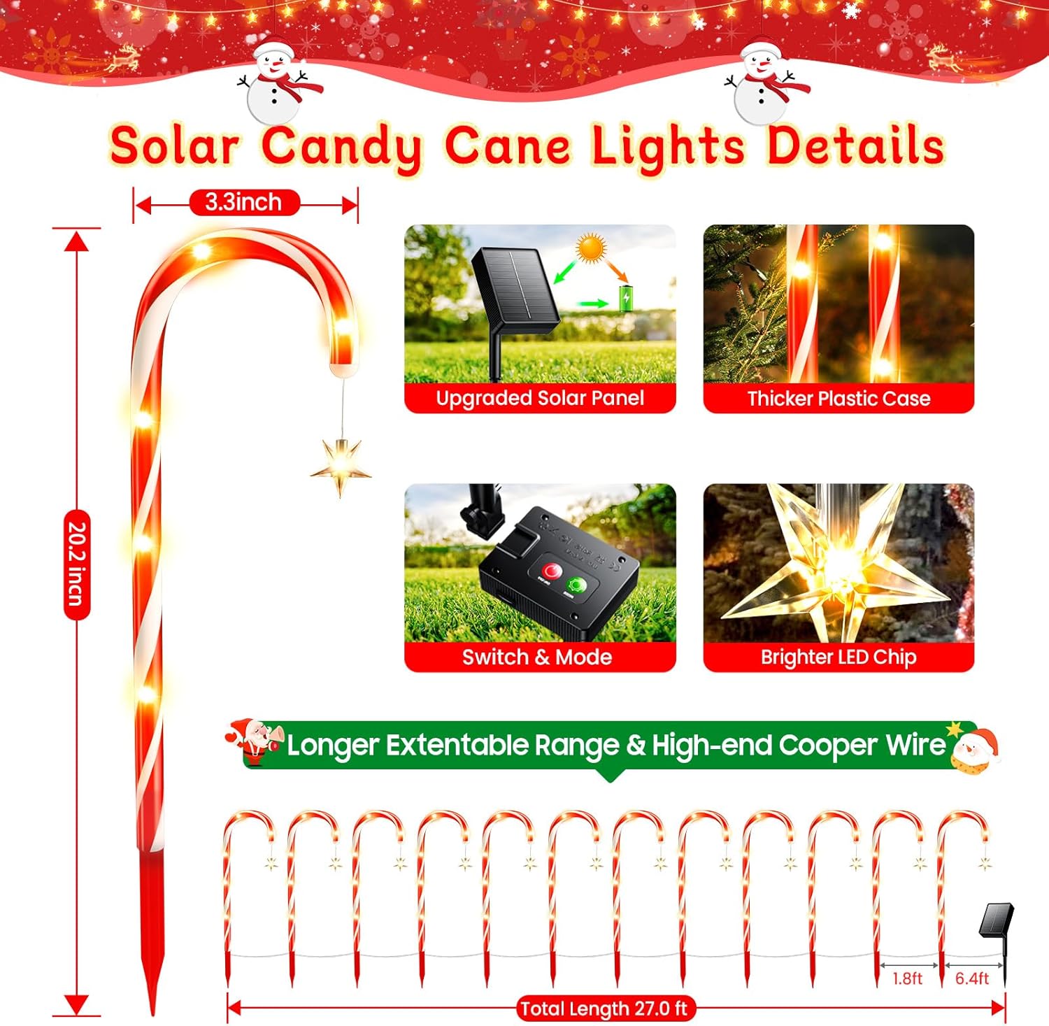 144 LED Solar Candy Cane Pathway Lights - 12/24 Pack, 8 Modes