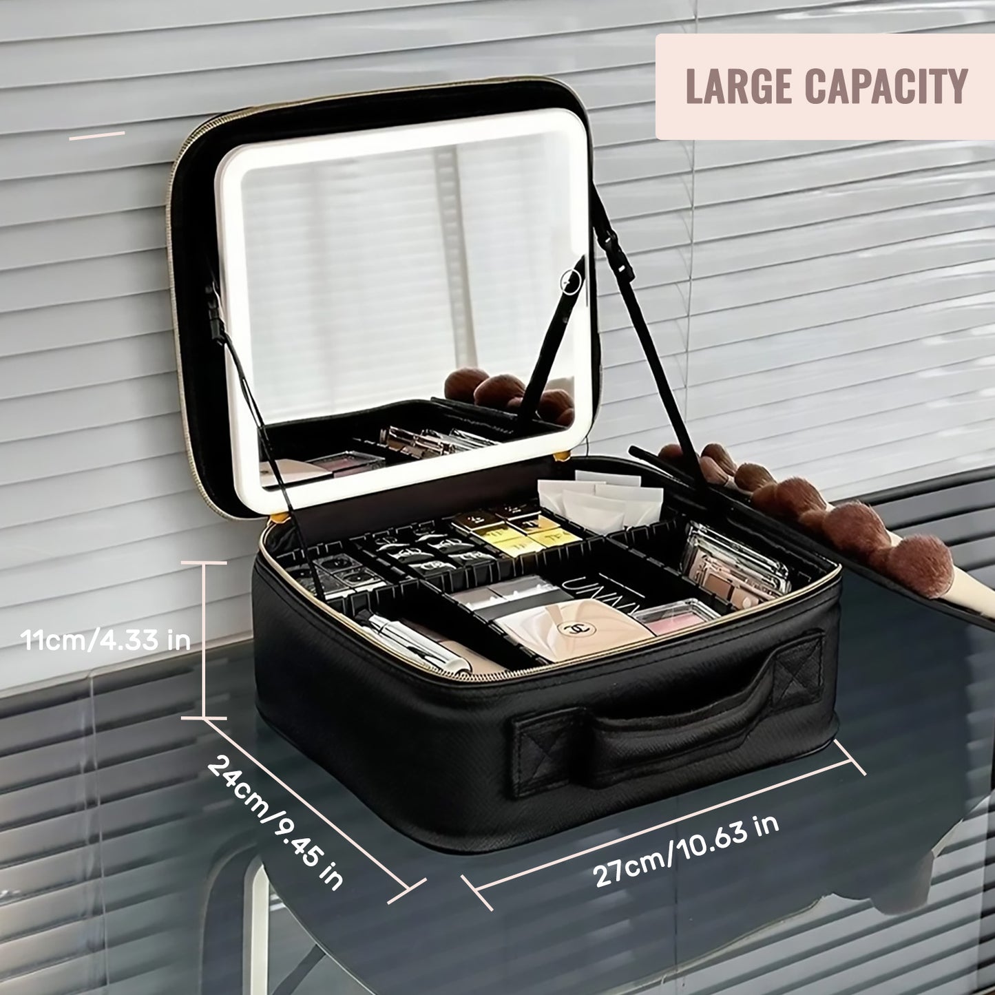 Travel Makeup Bag with LED Mirror & Dividers - PU Leather