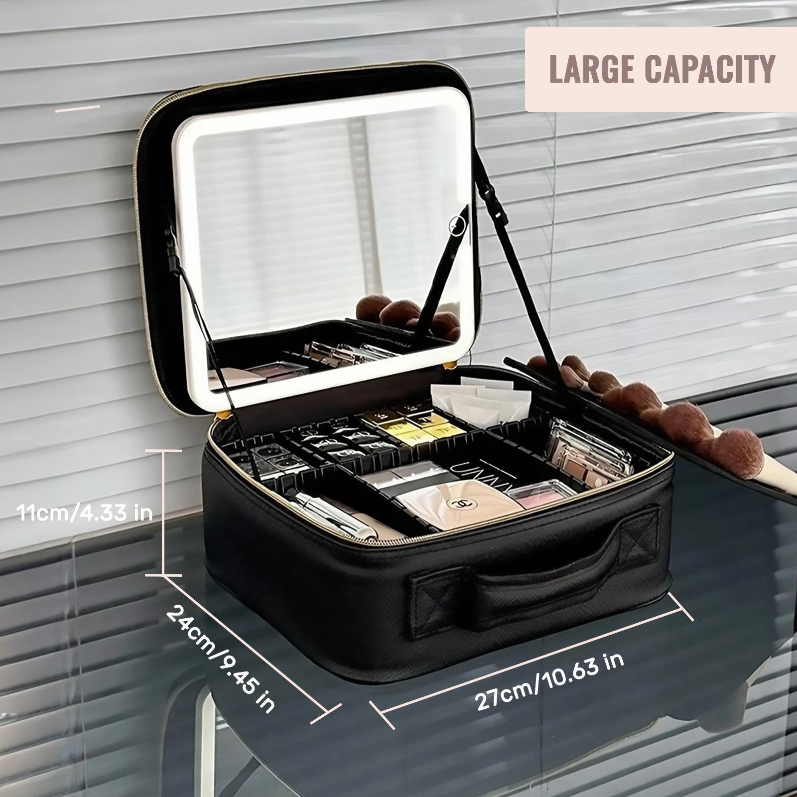 Travel Makeup Bag with LED Mirror & Dividers - PU Leather