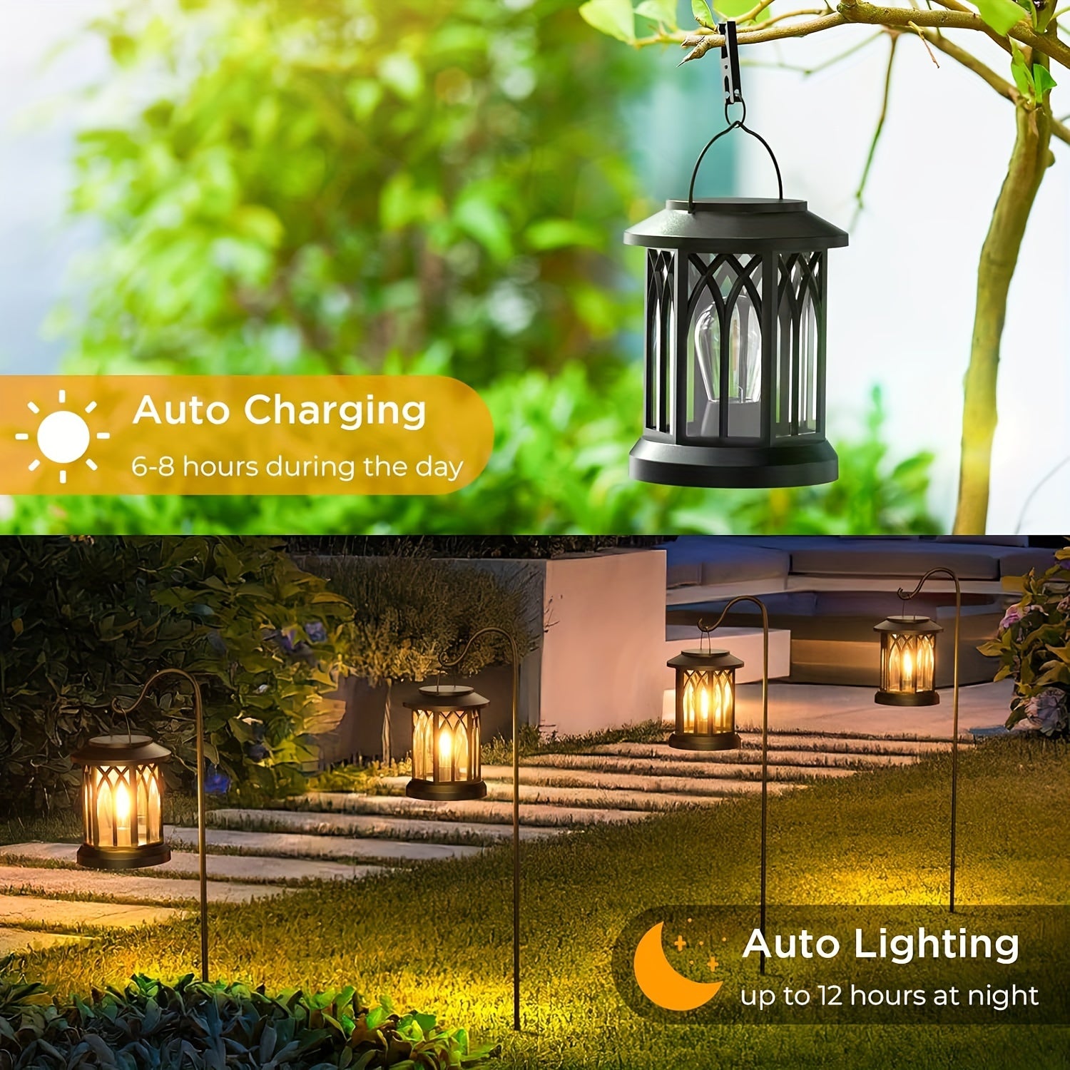 Bright Solar Lantern Lights - 2 Pack, 12Hrs Outdoor Warm Glow