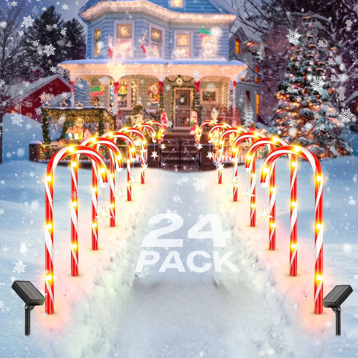 144 LED Solar Candy Cane Pathway Lights - 12/24 Pack, 8 Modes