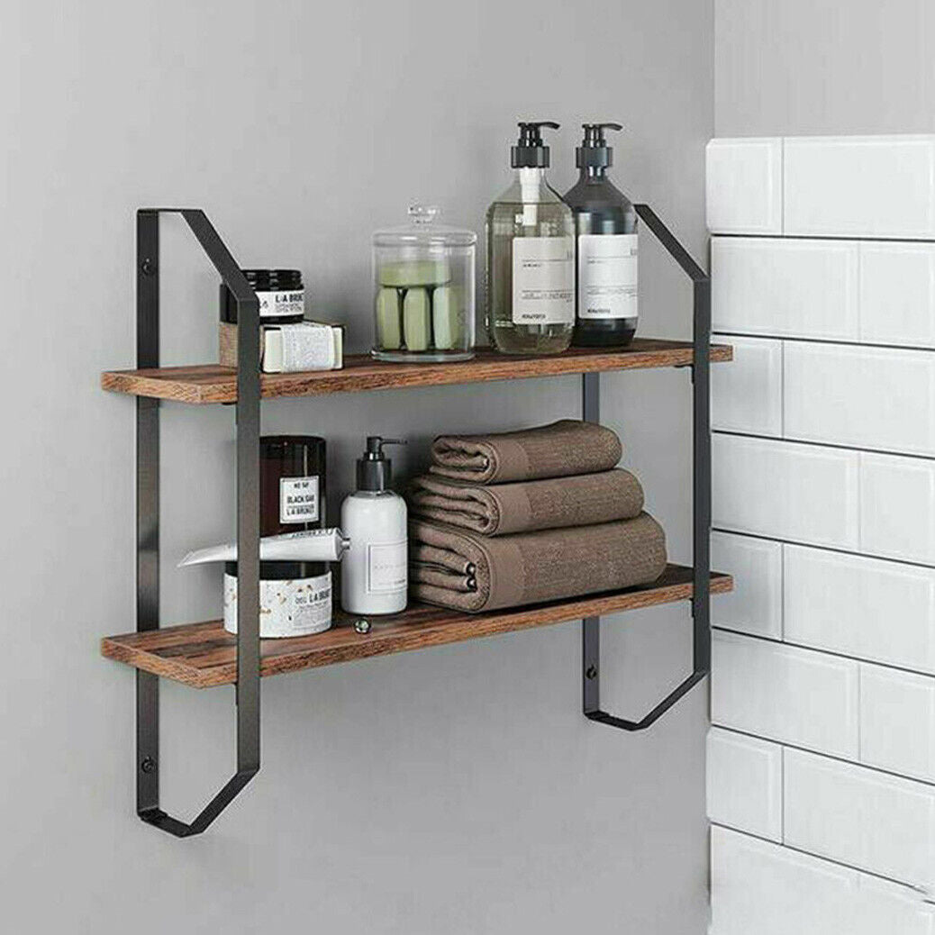 2-Tier Rustic Wall Shelves - Pine Wood Display Storage