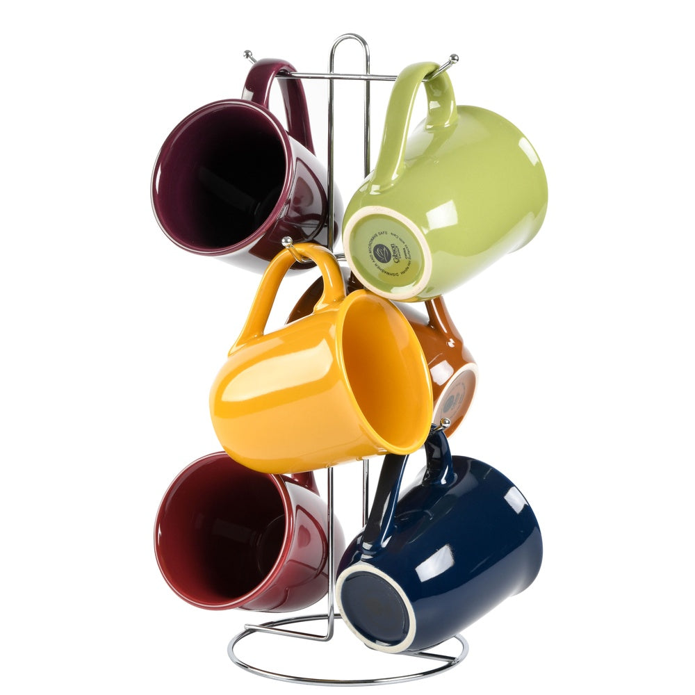 Ceramic Mug Set of 6 with Rack - Dishwasher & Microwave Safe